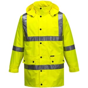 A high-visibility yellow rain jacket featuring reflective stripes and a hood, with a branding logo.