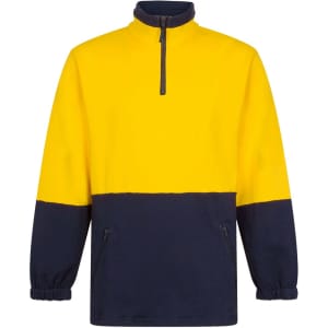 A yellow and navy cotton fleece jumper with a half-zip and side pockets, featuring an elasticated hem and cuffs.