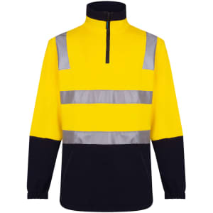 A cotton fleece jumper in high visibility yellow with reflective silver stripes and a navy blue lower section.