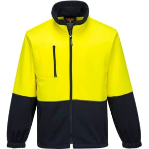 A bright yellow and navy fleece jumper featuring a zip front and a chest pocket, with an emblem on the collar.