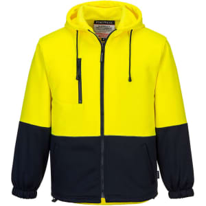 A bright yellow and navy fleece hoodie featuring a zip front, adjustable hood, and elastic cuffs. It has a logo.