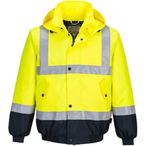 A high-visibility jacket in bright yellow and navy, featuring reflective stripes and a hood. It includes a logo.