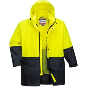 A bright yellow and navy two-tone jacket with a hood and multiple pockets, featuring a logo. Ideal for workwear.