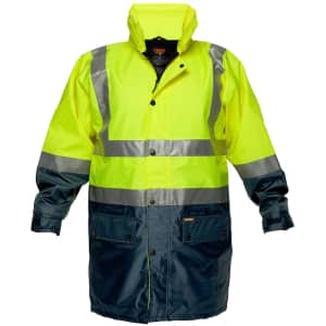 A bright yellow and navy Hi-Vis jacket with reflective strips and a fleece lining, featuring a logo.
