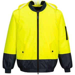 A Bomber Jacket in bright yellow with navy blue accents and a logo on the sleeve. Features a hood and zip closure.