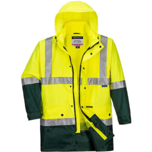 A Hi-Vis 2-Tone jacket in fluorescent yellow and green, featuring reflective stripes and a hood, with a brand logo.