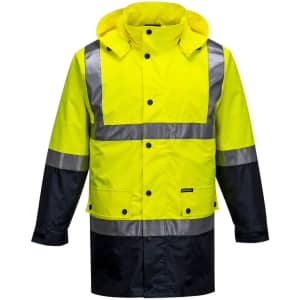 A Hi-Vis 2-Tone Jacket featuring bright yellow and navy colours with reflective strips and a hood.