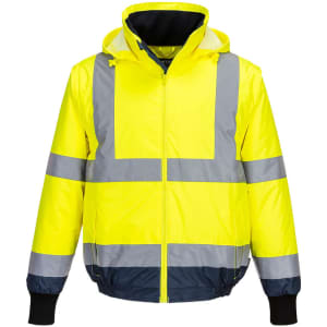 A bright yellow Hi-Vis 2in1 bomber jacket with grey reflective stripes and a navy blue lower section. It has a hood.