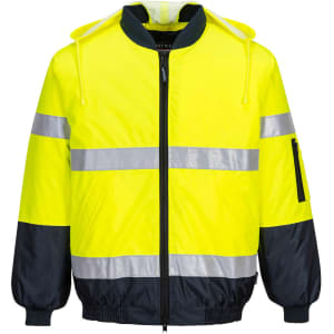 A high-visibility bomber jacket featuring bright yellow fabric with reflective strips and navy blue accents.