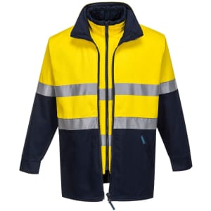 A cotton jacket in bright yellow and navy, featuring reflective strips and a zip front, with a logo on the chest.