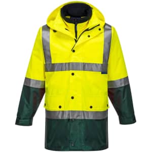 A hi-vis jacket in bright yellow with dark green accents and reflective strips, featuring a hood and front buttons.
