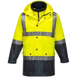 A yellow and black Hi-Vis 4in1 jacket with reflective strips and a hood, featuring a logo.