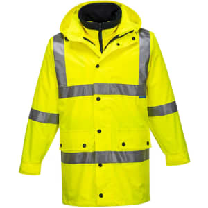A high-visibility yellow 4-in-1 jacket featuring reflective stripes and a hood. Includes a branding logo.