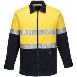 A quilt padded cotton jacket featuring yellow and black colours with reflective stripes, designed with a front zip and pockets.