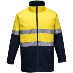 A cotton drill jacket featuring a bright yellow upper and navy lower section, with reflective stripes and a zipper front.