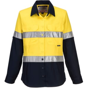 A long-sleeved work shirt in high-visibility yellow and navy, featuring reflective stripes and a logo.