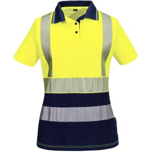 A high-visibility women's short-sleeve polo shirt in bright yellow with navy contrast and reflective stripes.