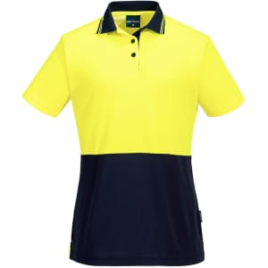 A Hi-Vis women's short sleeve polo shirt in bright yellow with navy contrast panels. The shirt features a logo.