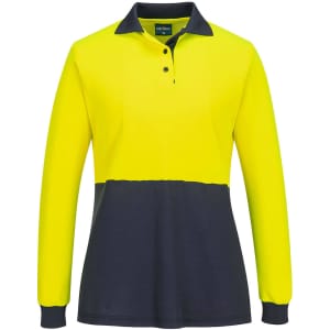 A long-sleeve polo shirt in hi-vis yellow with a navy blue contrast at the waist, featuring a collar and a logo.