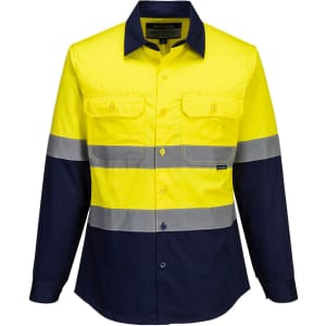 A lightweight long-sleeve shirt in high-visibility yellow and navy, featuring reflective stripes and front pockets.