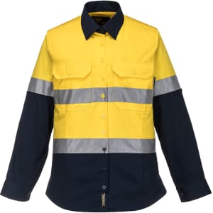 A long-sleeve button-up shirt in yellow and navy, featuring reflective stripes and two chest pockets.