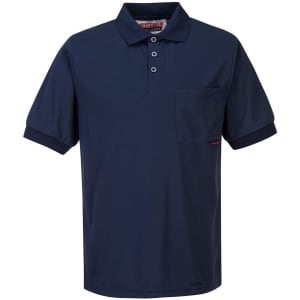 A navy blue micro mesh polo shirt with short sleeves and a chest pocket, featuring a logo.