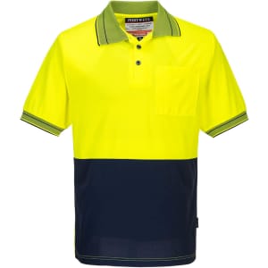 A short-sleeve polo shirt in high visibility yellow and navy, featuring a pocket and a logo.
