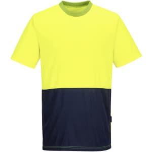 A two-tone short-sleeve t-shirt in high visibility yellow and navy blue with a logo branding.