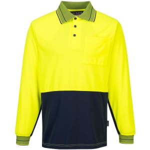 Long-sleeve polo shirt in high-visibility yellow with navy bottom panel and a pocket. Features a logo on the collar.