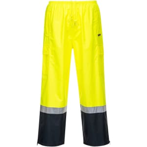 Bright yellow cargo pants with reflective strips and black lower sections. Features multiple pockets and an elastic waistband.