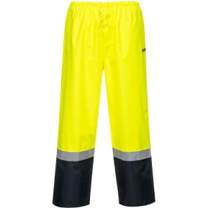 Bright yellow wet weather pull-on pants with a black reflective stripe at the hem and an elasticated waist.