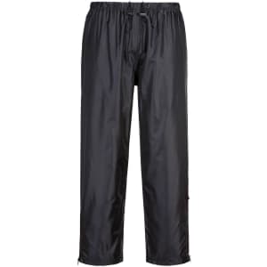 Wet weather leisure pants in black, featuring an elastic waistband and a logo. Ideal for outdoor activities.
