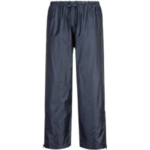 Water-resistant leisure pants in dark grey, featuring an elastic waistband and zippered cuffs, with a branded logo.