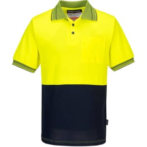 High-vis yellow and navy cotton-backed polo shirt with a collar, front pocket, and a logo.