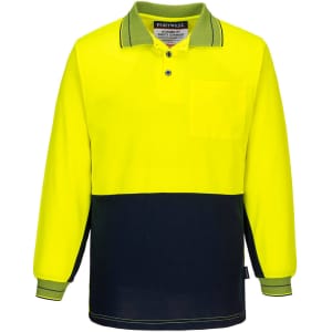 A long-sleeved polo shirt in high visibility yellow and navy, featuring a pocket and a logo.
