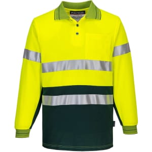 Long-sleeve high-visibility work polo shirt in bright yellow and dark green, featuring reflective stripes and a pocket.