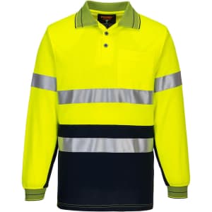 A high-visibility long-sleeve polo shirt in bright yellow with reflective stripes and a pocket. It features a branded logo.