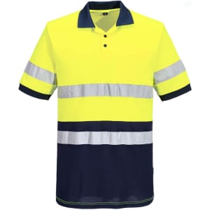 A high-visibility polo shirt featuring neon yellow and navy blue colours with reflective strips, and has a logo.