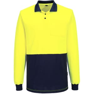 A long-sleeve polo shirt in bright yellow with a navy blue lower section and a pocket. Features a logo.