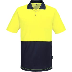 A high-visibility short-sleeve polo shirt in bright yellow and navy blue, featuring a pocket and a logo.