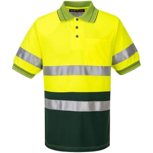 A high-visibility polo shirt in bright yellow and green, featuring reflective stripes and a chest pocket.