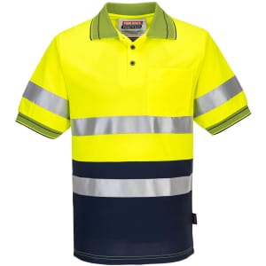 A high visibility polo shirt featuring fluorescent yellow and navy blue with reflective strips, including a pocket and a logo.