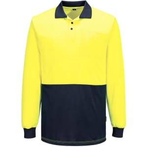 A long-sleeve polo shirt featuring a bright yellow upper and a navy blue lower section, with a pocket and branding.