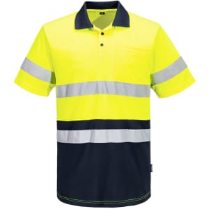 A Hi-Vis contrast polo shirt featuring bright yellow and navy colours with reflective stripes and a logo.