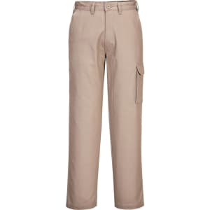 Light beige cotton cargo pants with side pockets and a waistband. The pants have a simple design and include a logo.
