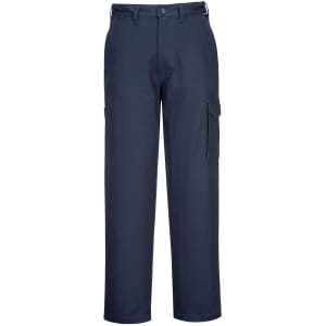 A pair of navy cotton cargo pants with side pockets and a button closure. The pants have a logo on one side.