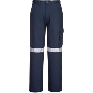 Navy cotton cargo pants featuring reflective tape stripes, a side cargo pocket, and a logo branding.