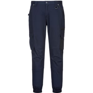A pair of navy work pants with a slim fit and cuffed design, featuring multiple pockets and a logo.