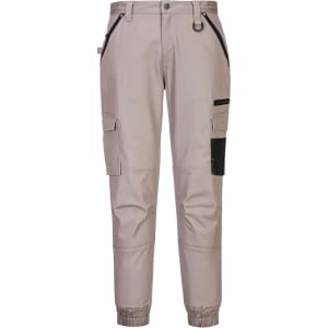 Cuffed slim fit work pants in light beige with black detailing and multiple pockets, featuring a branding logo.