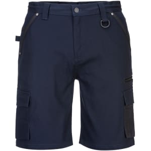 Navy blue stretch slim fit shorts with pockets and a loop for accessories. Features branding on the waistband.